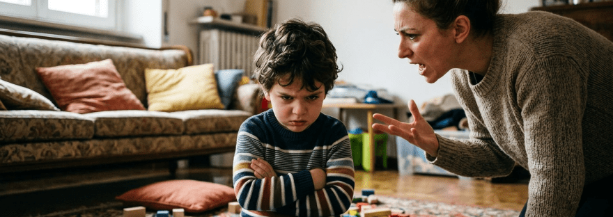 Young boy sitting cross-legged with arms crossed looking upset while mother scolds him.